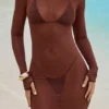Rochie maxi transparentă cu spate decupat Naura, în culoarea ciocolată Rochie maxi transparentă cu spate decupat Naura, în culoarea ciocolată