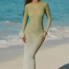Rochie maxi transparentă cu spate decupat Naura, în culoarea verde măslin