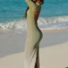 Rochie maxi transparentă cu spate decupat Naura, în culoarea verde măslin