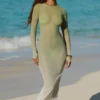Rochie maxi transparentă cu spate decupat Naura, în culoarea verde măslin