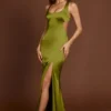 Rochie maxi Vittoria cu decolteu rotund și șireturi în spate, de culoare verde măslin Rochie maxi Vittoria cu decolteu rotund și șireturi în spate, de culoare verde măslin