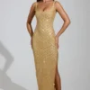Rochie maxi Yarina cu decolteu rotund și fante pe coapse, în nuanța auriu Rochie maxi Yarina cu decolteu rotund și fante pe coapse, în nuanța auriu