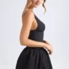 Rochie micro mini Anahita cu corset și tiv bufant, cu șireturi, în negru Rochie micro mini Anahita cu corset și tiv bufant, cu șireturi, în negru