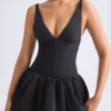 Rochie micro mini Anahita cu corset și tiv bufant, cu șireturi, în negru Rochie micro mini Anahita cu corset și tiv bufant, cu șireturi, în negru