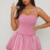 Rochie micro mini cu corset, cu decolteu halter și tiv bufant, Ludmila, în mov Rochie micro mini cu corset, cu decolteu halter și tiv bufant, Ludmila, în mov