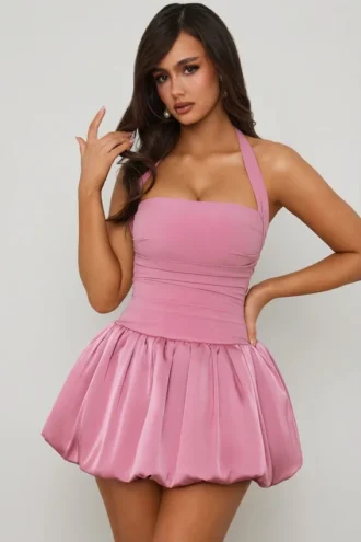 Rochie micro mini cu corset, cu decolteu halter și tiv bufant, Ludmila, în mov Rochie micro mini cu corset, cu decolteu halter și tiv bufant, Ludmila, în mov