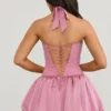 Rochie micro mini cu corset, cu decolteu halter și tiv bufant, Ludmila, în mov Rochie micro mini cu corset, cu decolteu halter și tiv bufant, Ludmila, în mov
