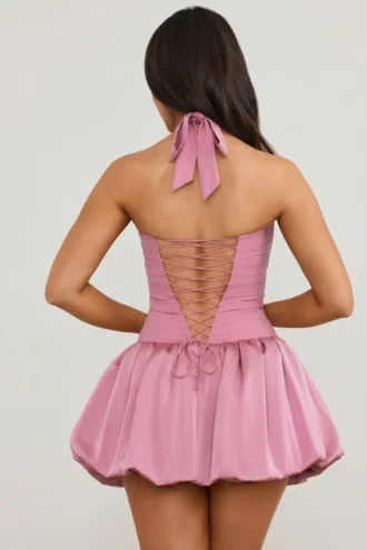 Rochie micro mini cu corset, cu decolteu halter și tiv bufant, Ludmila, în mov Rochie micro mini cu corset, cu decolteu halter și tiv bufant, Ludmila, în mov