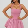 Rochie micro mini cu corset, cu decolteu halter și tiv bufant, Ludmila, în mov Rochie micro mini cu corset, cu decolteu halter și tiv bufant, Ludmila, în mov