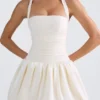 Rochie micro mini cu corset, cu decolteu în V și șnururi, cu tiv bufant, Ludmila, în culoarea Ivory Rochie micro mini cu corset, cu decolteu în V și șnururi, cu tiv bufant, Ludmila, în culoarea Ivory