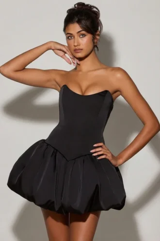 Rochie micro mini cu corset și tiv bufant, cu șireturi, Minerva, negru Rochie micro mini cu corset și tiv bufant, cu șireturi, Minerva, negru