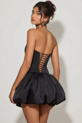 Rochie micro mini cu corset și tiv bufant, cu șireturi, Minerva, negru Rochie micro mini cu corset și tiv bufant, cu șireturi, Minerva, negru