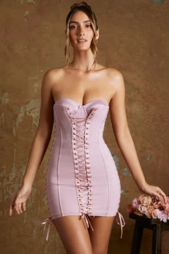 Rochie micro mini Emira cu corset cu șireturi și bandou, în nuanța mauve Rochie micro mini Emira cu corset cu șireturi și bandou, în nuanța mauve
