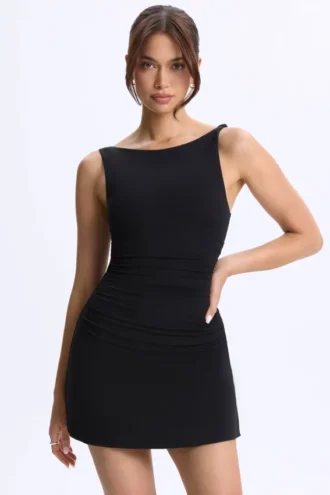 Rochie micro mini Ione din modal, cu volane și croi în A, de culoare neagră Rochie micro mini Ione din modal, cu volane și croi în A, de culoare neagră