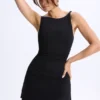 Rochie micro mini Ione din modal, cu volane și croi în A, de culoare neagră Rochie micro mini Ione din modal, cu volane și croi în A, de culoare neagră