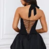 Rochie micro mini Ludmila cu corset, decolteu în V, șireturi și tiv bufant, în negru Rochie micro mini Ludmila cu corset, decolteu în V, șireturi și tiv bufant, în negru