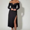 Rochie midi A-line cu dantelă și umeri decupați Nerissa, negru Rochie midi A-line cu dantelă și umeri decupați Nerissa, negru
