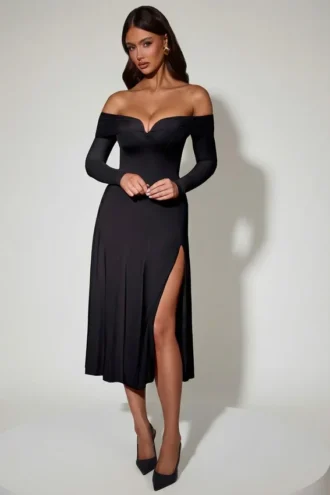 Rochie midi A-line cu dantelă și umeri decupați Nerissa, negru Rochie midi A-line cu dantelă și umeri decupați Nerissa, negru