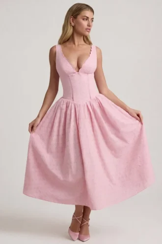 Rochie midi A-line cu detaliu fundă, broderie englezească, de la Saidey, în roz pal