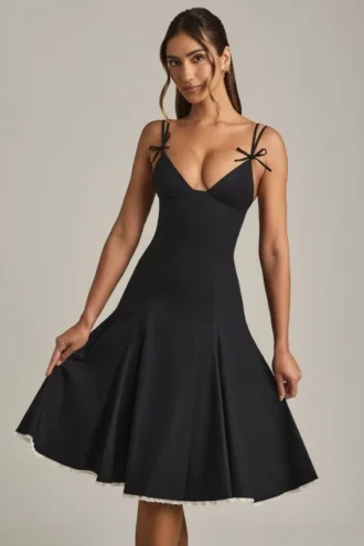 Rochie midi A-line cu detaliu fundă Mallory, negru
