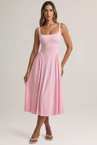 Rochie midi A-line din modal Aireen, roz pastel