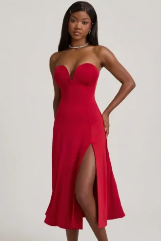 Rochie midi A-line fără bretele din jersey elastic Joely, în culoarea True Red