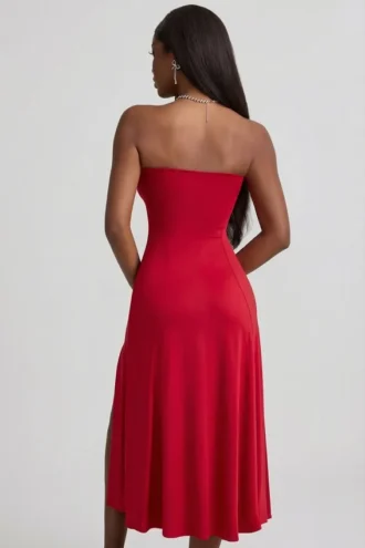 Rochie midi A-line fără bretele din jersey elastic Joely, în culoarea True Red