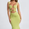 Rochie midi Aelia din modal, cu detalii metalice și decupaje, în nuanța verde măslin Rochie midi Aelia din modal, cu detalii metalice și decupaje, în nuanța verde măslin