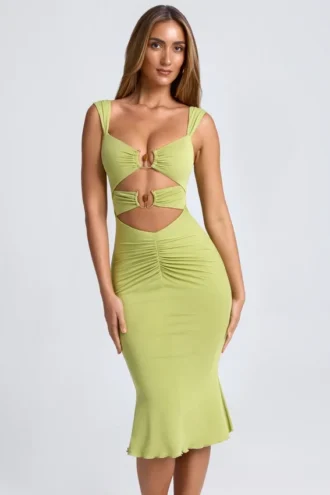 Rochie midi Aelia din modal, cu detalii metalice și decupaje, în nuanța verde măslin