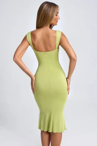 Rochie midi Aelia din modal, cu detalii metalice și decupaje, în nuanța verde măslin