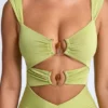 Rochie midi Aelia din modal, cu detalii metalice și decupaje, în nuanța verde măslin Rochie midi Aelia din modal, cu detalii metalice și decupaje, în nuanța verde măslin
