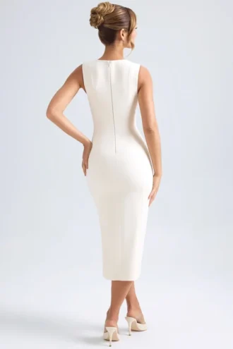 Rochie midi Aiko cu decolteu în formă de inimă, culoare ivoriu