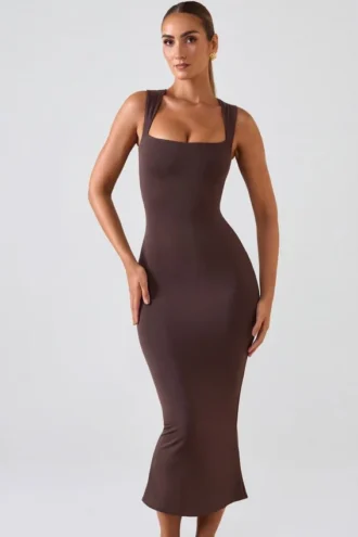 Rochie midi Ainslee cu gât pătrat, culoare maro ciocolată Rochie midi Ainslee cu gât pătrat, culoare maro ciocolată