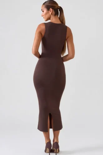 Rochie midi Ainslee cu gât pătrat, culoare maro ciocolată Rochie midi Ainslee cu gât pătrat, culoare maro ciocolată