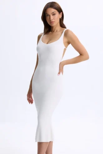 Rochie midi albă cu decolteu adânc și spate decupat din modal Lois