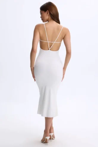 Rochie midi albă cu decolteu adânc și spate decupat din modal Lois