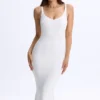 Rochie midi albă cu decolteu adânc și spate decupat din modal Lois Rochie midi albă cu decolteu adânc și spate decupat din modal Lois