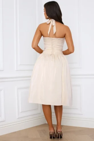 Rochie midi Amelie cu gât halter, dantelată și cu corset plisat, în culoarea ivoriu
