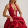 Rochie midi Angelina cu decolteu în V și detaliu fundă, în roșu intens Rochie midi Angelina cu decolteu în V și detaliu fundă, în roșu intens