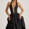Rochie midi Angelina cu gât halter și detaliu fundă, în negru