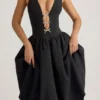 Rochie midi Angelina cu gât halter și detaliu fundă, în negru