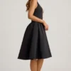 Rochie midi Angelina cu gât halter și detaliu fundă, în negru