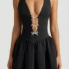 Rochie midi Angelina cu gât halter și detaliu fundă, în negru