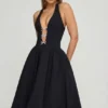 Rochie midi Angelina cu gât halter și detaliu fundă, în negru