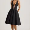 Rochie midi Angelina cu gât halter și detaliu fundă, în negru
