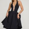 Rochie midi Angelina cu gât halter și detaliu fundă, în negru