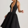 Rochie midi Angelina cu gât halter și detaliu fundă, în negru