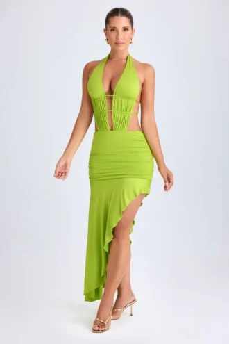 Rochie midi asimetrică cu decupaje și gât halter Manami, verde lime Rochie midi asimetrică cu decupaje și gât halter Manami, verde lime