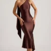 Rochie midi asimetrică Shaya cu detaliu eșarfă, în culoarea ciocolată Rochie midi asimetrică Shaya cu detaliu eșarfă, în culoarea ciocolată