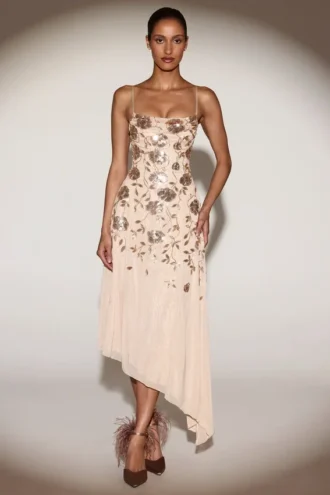 Rochie midi asimetrică Zelina cu decolteu rotund și ornamente, în culoarea auriu Rochie midi asimetrică Zelina cu decolteu rotund și ornamente, în culoarea auriu